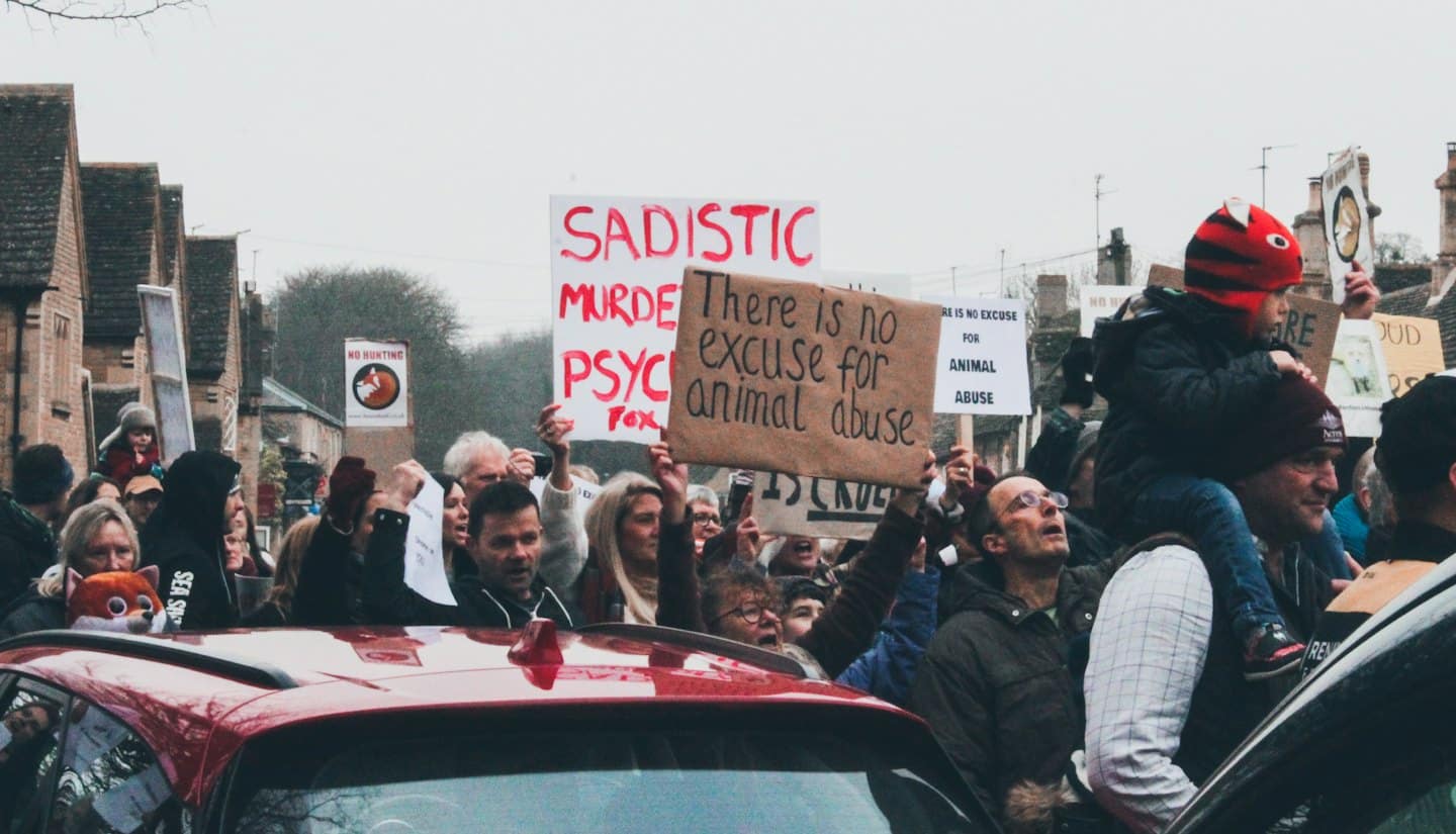 Protesters hold signs advocating for animal rights on a city street.